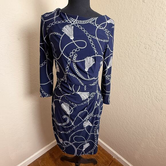 Anne Klein Navy Chain Print Ruched Sheath Dress 3/4 Sleeve Size 4 Career - Picture 1 of 5